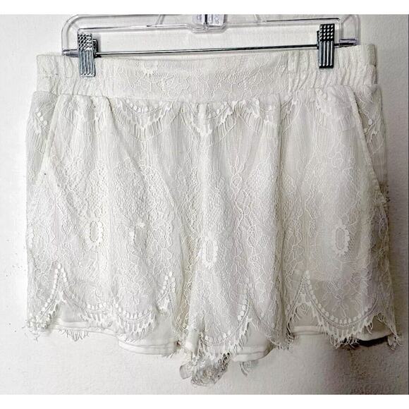 S.Y.L.K. Ivory Sheer Lace Raw Hem Elastic Waistband Lined Short Shorts L - Picture 1 of 6